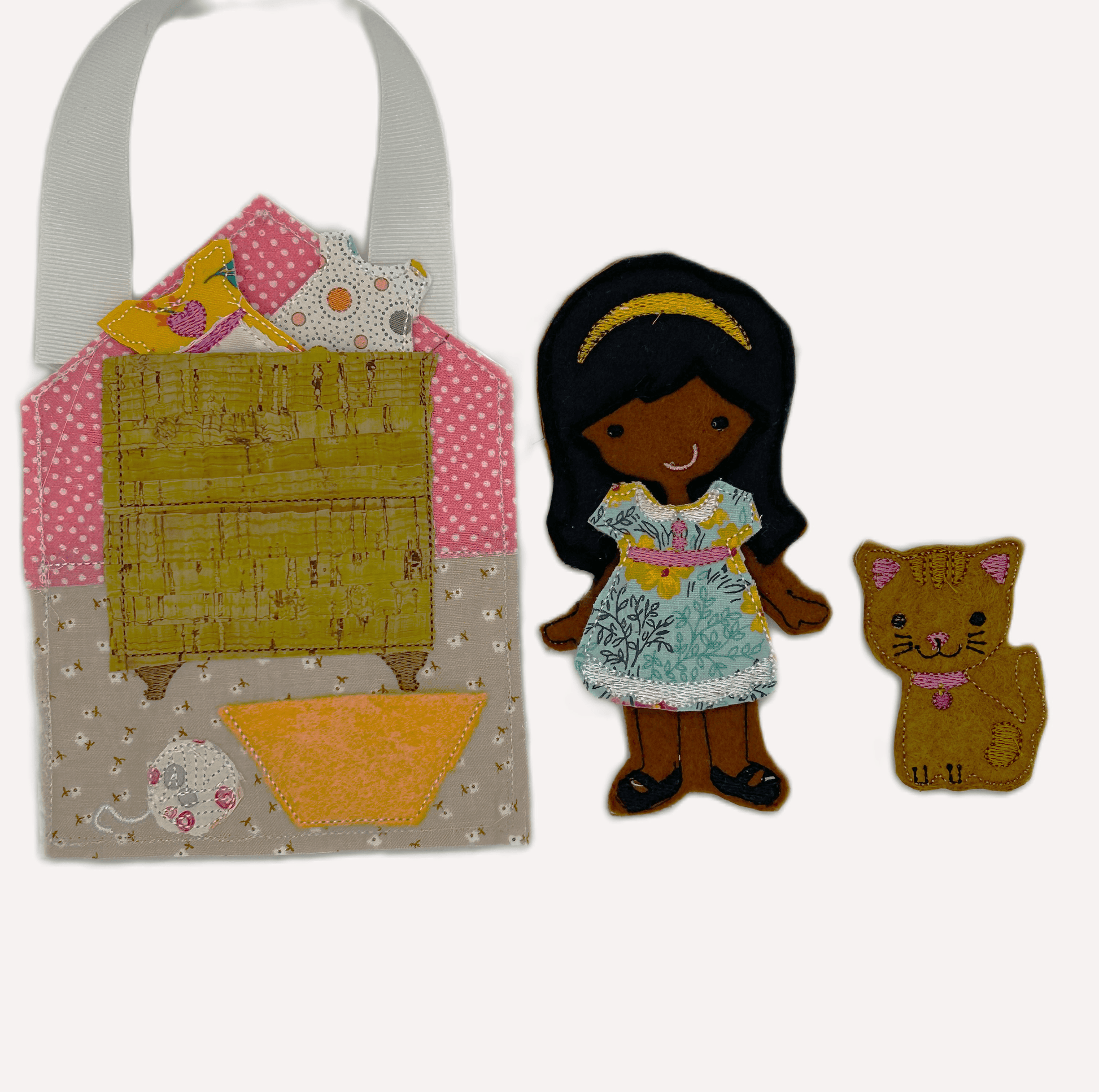 Felt and cloth "paper style" doll with wardrobe and cat