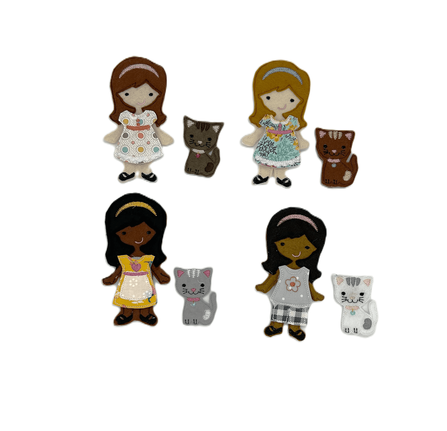 Four felt and cloth "paper style" dolls with four cats