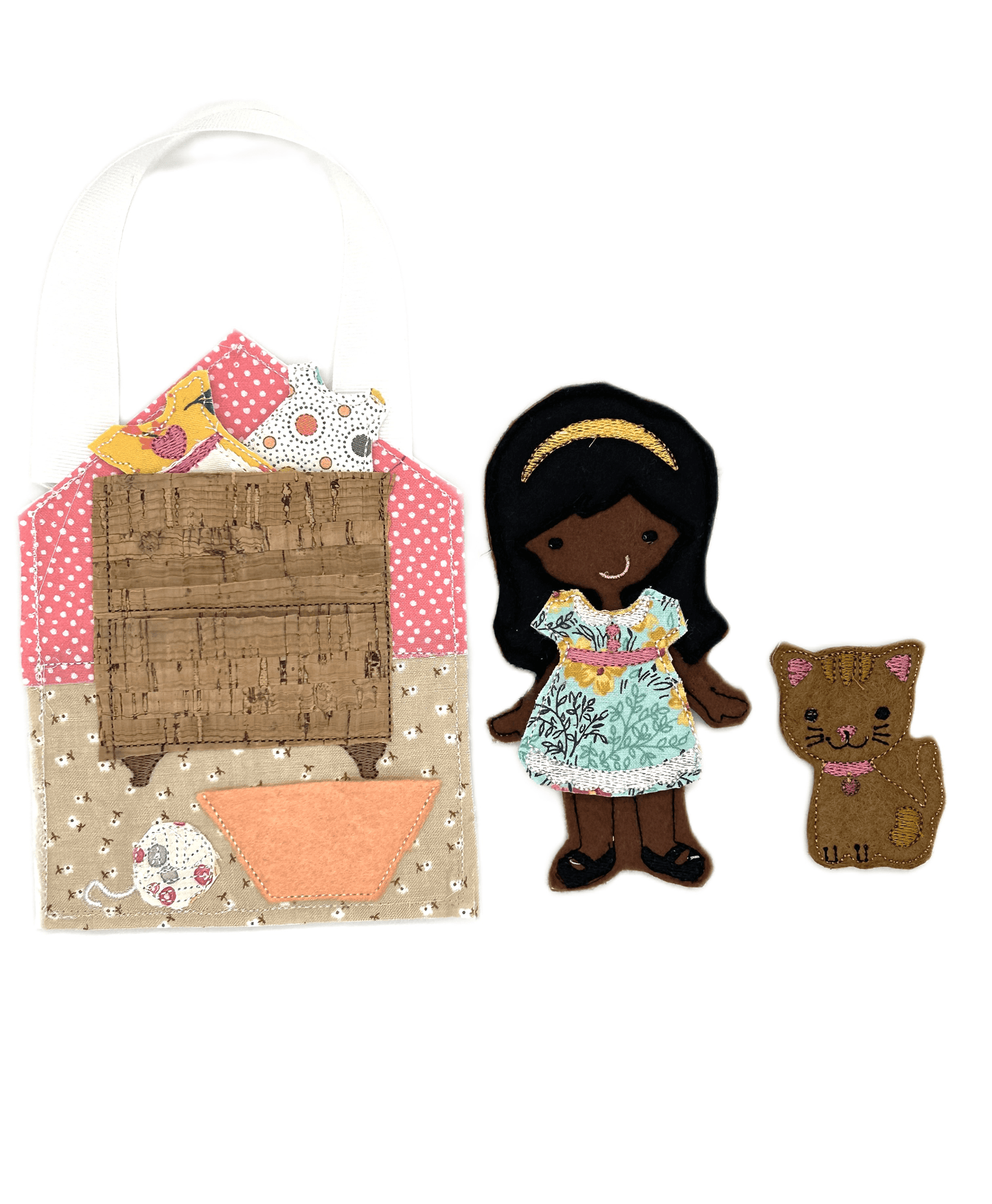 Felt and cloth "paper style" doll with wardrobe and cat