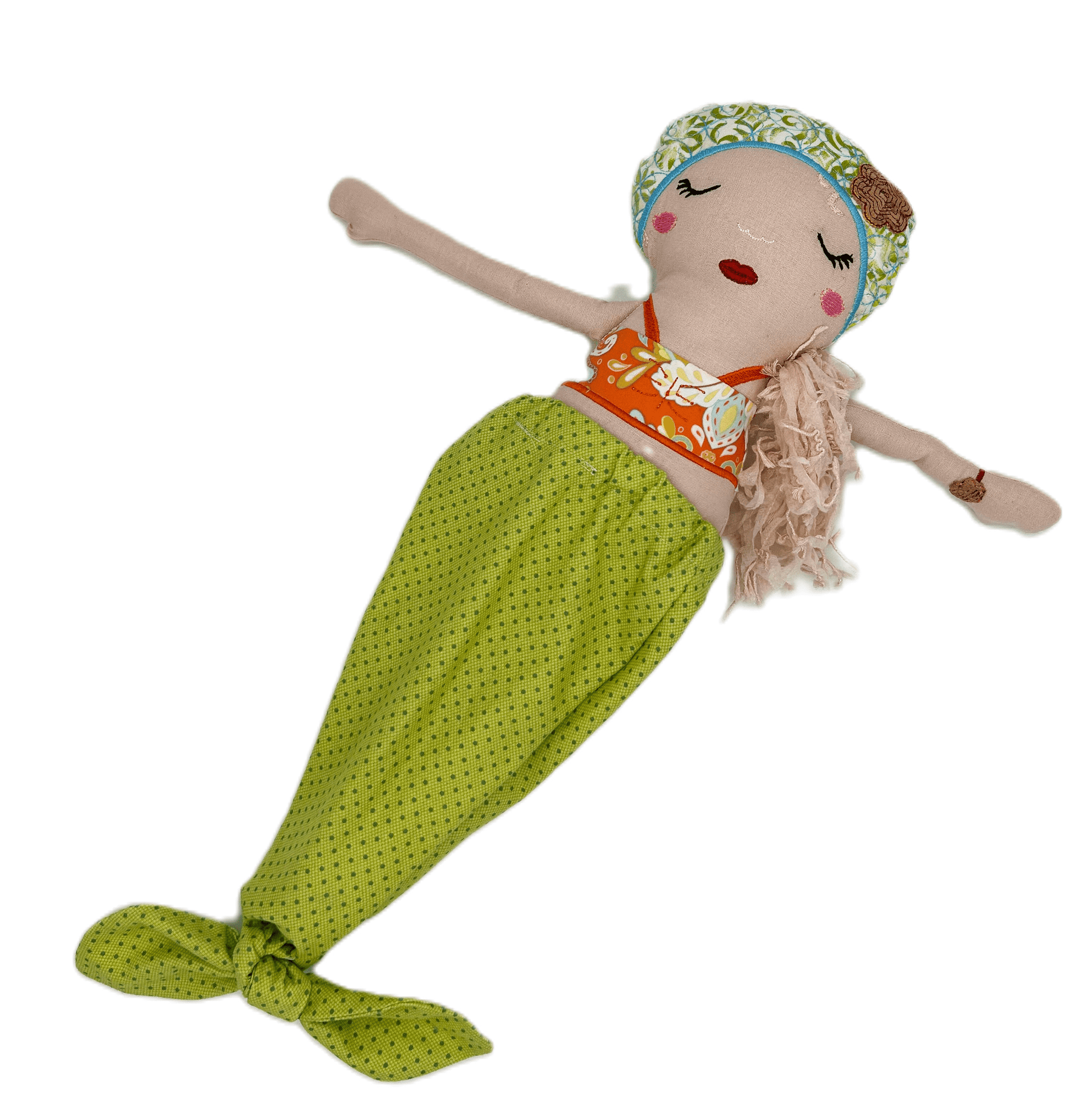 Cloth doll, Maren the mermaid ivory with green cap with green tail