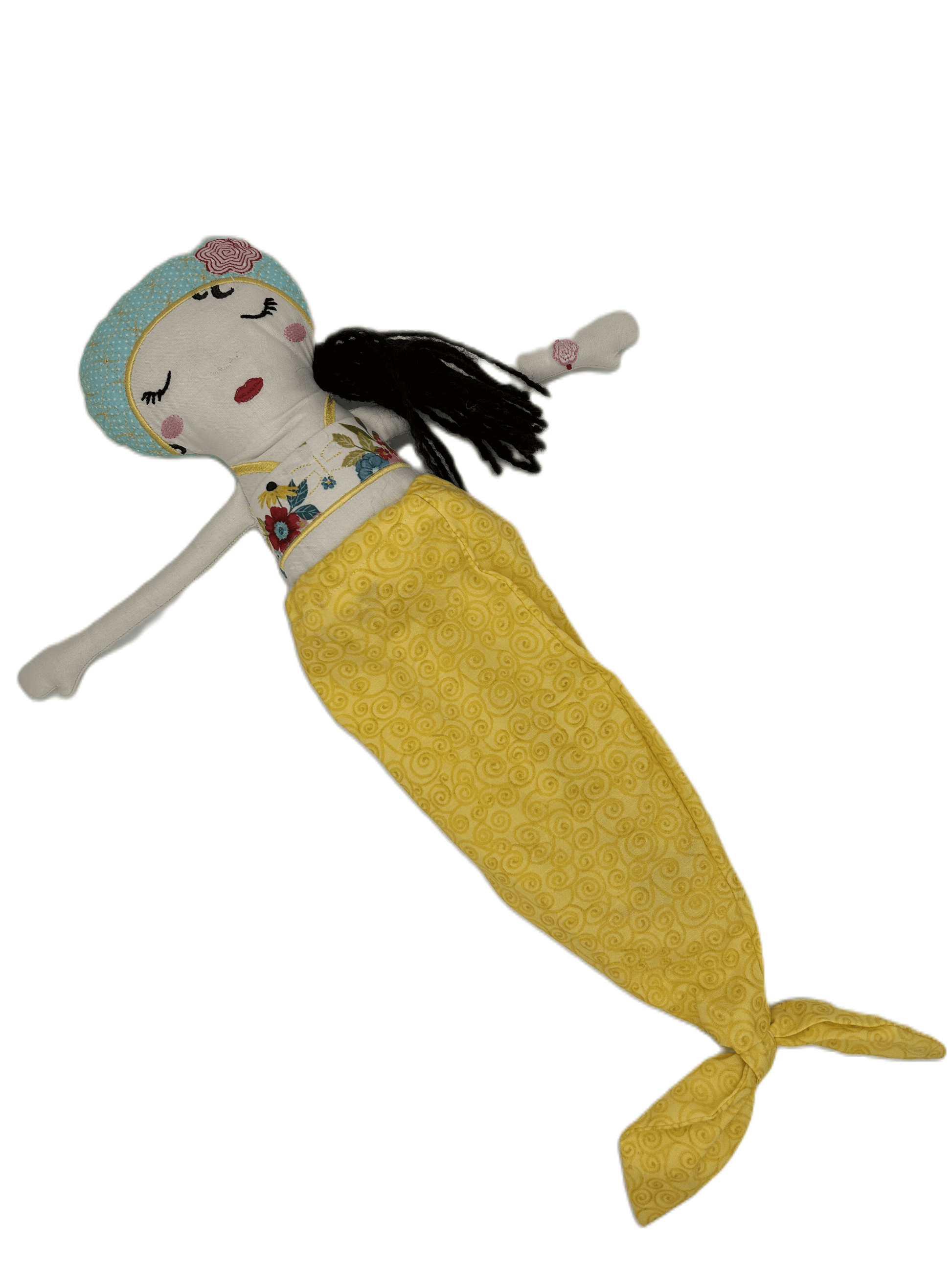 Cloth doll, Maren the mermaid ivory with teal cap with yellow tail