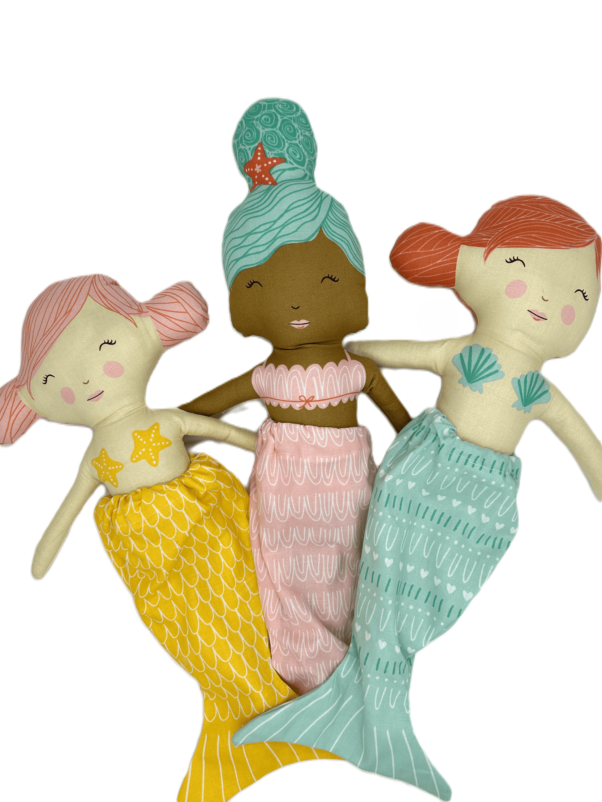 Three cloth mermaid dolls with tails