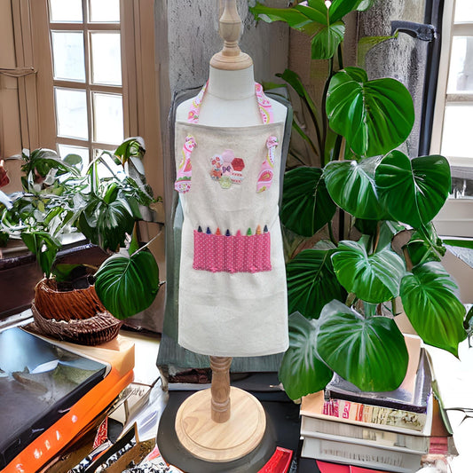 Fully Adjustable Pink and Cream cotton Child's art apron with crayon  pocket